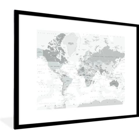 Fotolijst incl. Poster - Wereldkaart - Wit - Grijs - Aarde - 80x60 cm - Posterlijst
