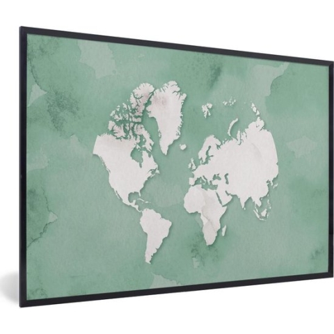 Fotolijst incl. Poster - Wereldkaart - Groen - Waterverf - 90x60 cm - Posterlijst