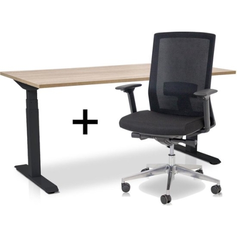 Zit-sta bureau elektrisch verstelbaar +  ERGO Bureaustoel | ARBO  PRO NEN-EN 527 Thuiswerkset | frame bureau zwart - bureaublad midden eiken| 160x80 cm