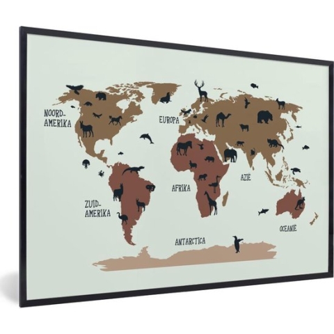 Wereldkaart Kinderen - Dieren - Bruin - Schoolplaat - Kinderkamer - 90x60 cm