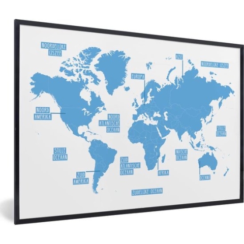 Fotolijst incl. Poster - Wereldkaart - Blauw - Simpel - 120x80 cm - Posterlijst