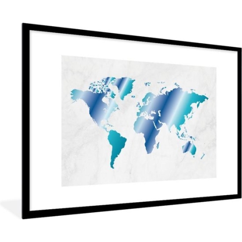 Fotolijst incl. Poster - Wereldkaart - Blauw - Marmer - 120x80 cm - Posterlijst