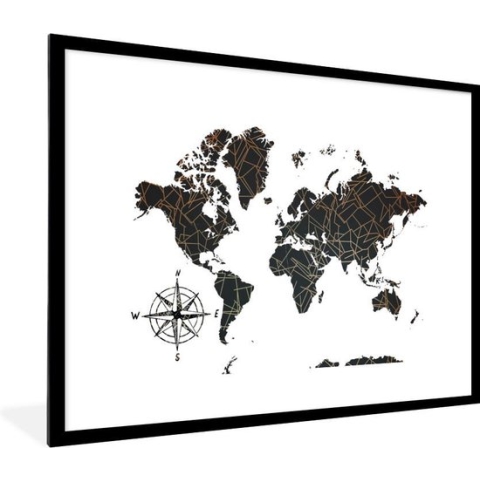 Fotolijst incl. Poster - Wereldkaart - Abstract - Lijnen - 80x60 cm - Posterlijst