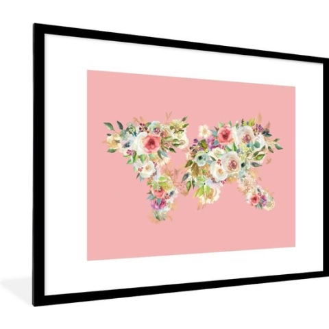 Fotolijst incl. Poster - Wereldkaart - Rozen - Roze - 80x60 cm - Posterlijst