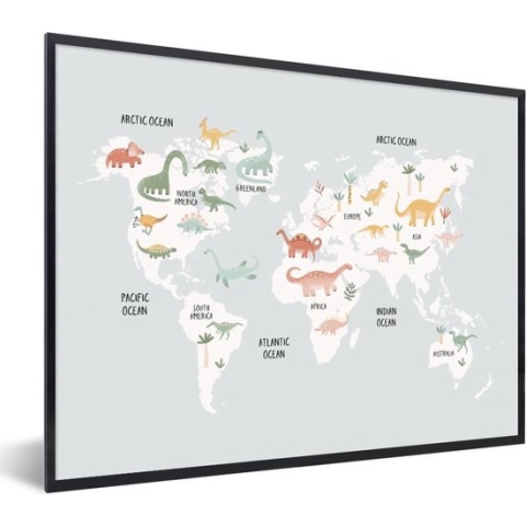 Fotolijst incl. Poster - Kinderkamer - Wereldkaart - Dinosaurussen - 80x60 cm - Posterlijst