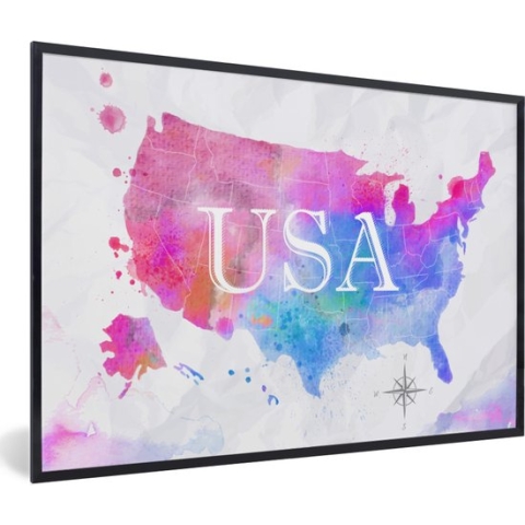 Fotolijst incl. Poster - Wereldkaart - Waterverf - Verenigde Staten - 120x80 cm - Posterlijst