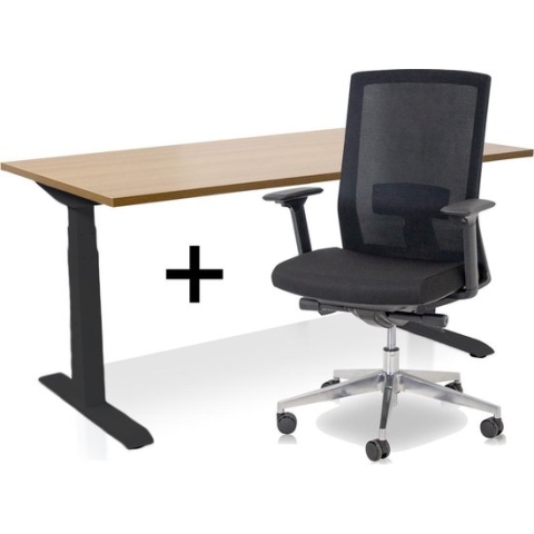 Zit-sta bureau elektrisch verstelbaar +  ERGO Bureaustoel | ARBO  PRO NEN-EN 527 Thuiswerkset | frame bureau zwart - bureaublad havanna | 140x80 cm