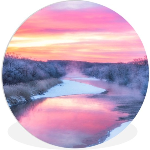 WallCircle - Wandcirkel - Muurcirkel Binnen - Kleurrijke lucht boven een kalm winters landschap - 90x90 cm - Wanddecoratie - Ronde Schilderijen