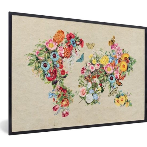 Fotolijst incl. Poster - Wereldkaart - Bloemen - Craft papier - 90x60 cm - Posterlijst