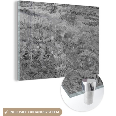 MuchoWow® Glasschilderij - Grasveld met bloemen en vlinders - Vincent van Gogh - Zwart - Wit - 80x60 cm - Acrylglas Schilderijen - Foto op Glas