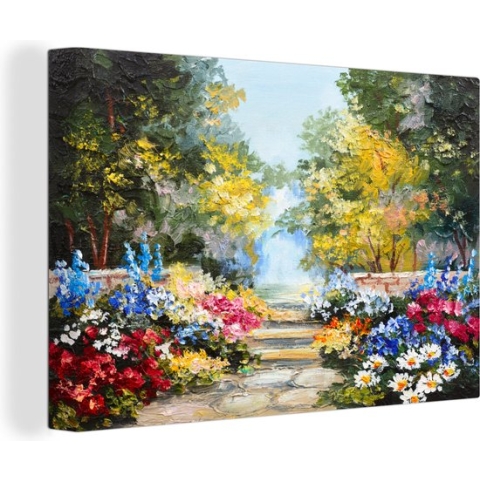 Canvas schilderij - Bloemen - Pad - Bomen - Olieverf - Kunst - Schilderijen op canvas - Canvas doek - 180x120 cm - Slaapkamer - Muurdecoratie
