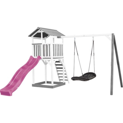 AXI Beach Tower Speeltoestel in Grijs/Wit - Speeltoren met Roxy Nestschommel, Paarse Glijbaan en Zandbak - FSC hout - Speelhuis op palen voor de tuin