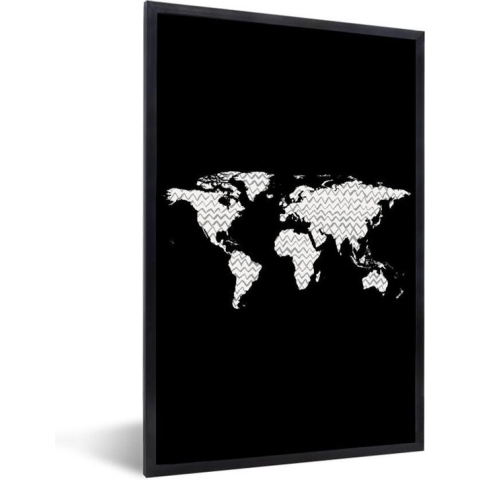 Fotolijst incl. Poster - Wereldkaart - Design - Grijs - Wit - 80x120 cm - Posterlijst