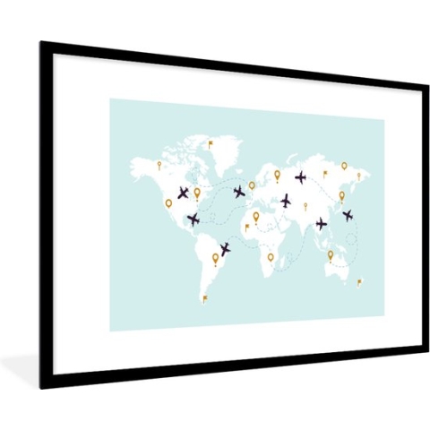 Fotolijst incl. Poster - Wereldkaart - Vliegtuig - Simpel - 120x80 cm - Posterlijst