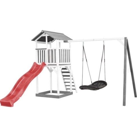 AXI Beach Tower Speeltoestel in Grijs/Wit - Speeltoren met Roxy Nestschommel, Rode Glijbaan en Zandbak - FSC hout - Speelhuis op palen voor de tuin