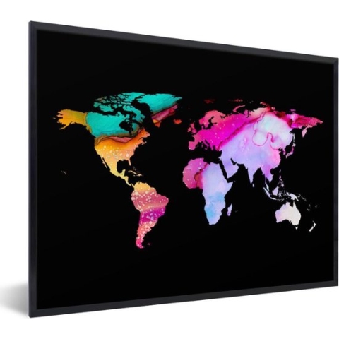 Fotolijst incl. Poster - Wereldkaart - Regenboog - Zwart - 80x60 cm - Posterlijst