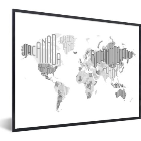 Fotolijst incl. Poster - Wereldkaart - Letters - Grijs - 80x60 cm - Posterlijst