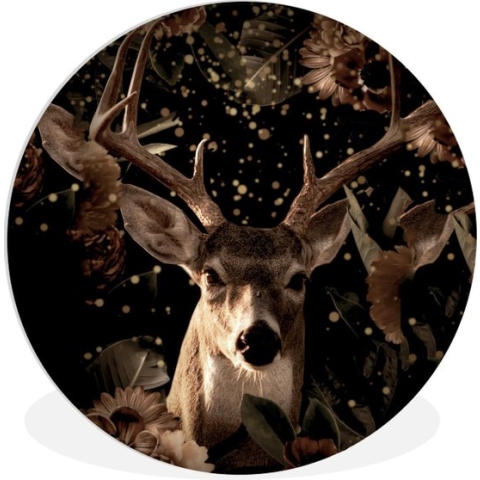 WallCircle - Wandcirkel - Muurcirkel Binnen - Hert - Bloemen - Licht - Botanisch - 90x90 cm - Wanddecoratie - Ronde Schilderijen