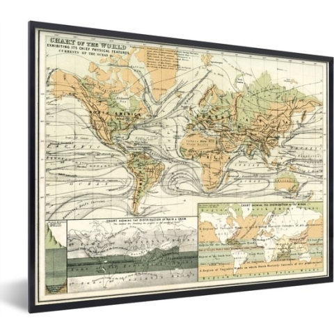 Fotolijst incl. Poster - Vintage wereldkaart met landschapskenmerken - 80x60 cm - Posterlijst