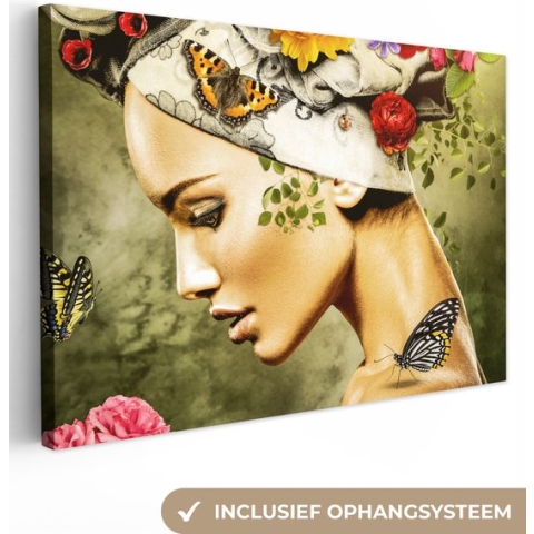 Canvas Schilderij Vrouw - Bloemen - Kleuren - Vlinders - Rozen - Hoofddoek - 180x120 cm - Wanddecoratie XXL