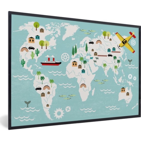 Poster in fotolijst kinderen - Muurdecoratie kinderkamer - Wereldkaart - Kinderen - Vliegtuig - Boot - Jongens - Meisjes - Kinderposter - 90x60 cm - Poster kinderkamer
