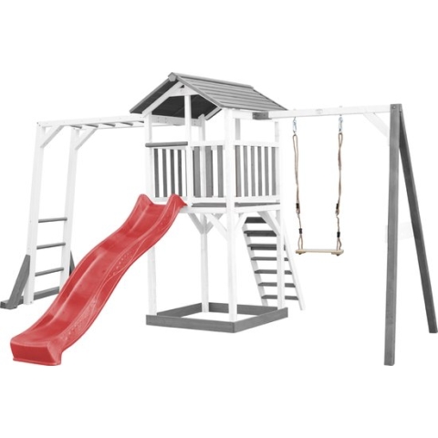 AXI Beach Tower Speeltoestel in Grijs/Wit - Speeltoren met Klimrek, Enkele Schommel, Rode Glijbaan en Zandbak - FSC hout - Speelhuis op palen voor de tuin