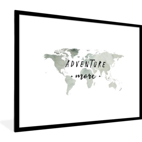 Fotolijst incl. Poster - Wereldkaart - Grijs - Wit - 80x60 cm - Posterlijst