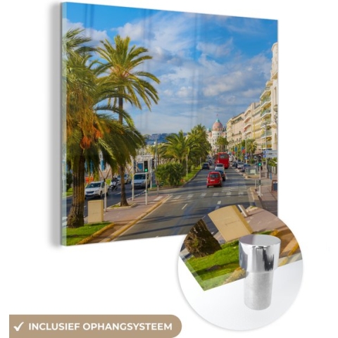 MuchoWow® Glasschilderij - Frankrijk - Nice - Palmboom - 90x90 cm - Acrylglas Schilderijen - Foto op Glas