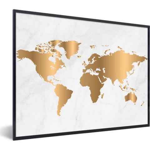 Fotolijst incl. Poster - Wereldkaart - Goud - Marmerlook - Luxe - Design - 80x60 cm - Posterlijst