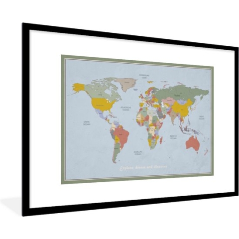 Fotolijst incl. Poster - Wereldkaart - Kleuren - Quote - Kinderen - Jongens - Meisjes - 120x80 cm - Posterlijst