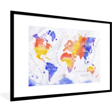 Fotolijst incl. Poster - Wereldkaart - Waterverf - Rood - Blauw - 120x80 cm - Posterlijst