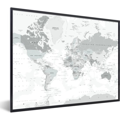 Fotolijst incl. Poster - Wereldkaart - Wit - Grijs - Aarde - 80x60 cm - Posterlijst