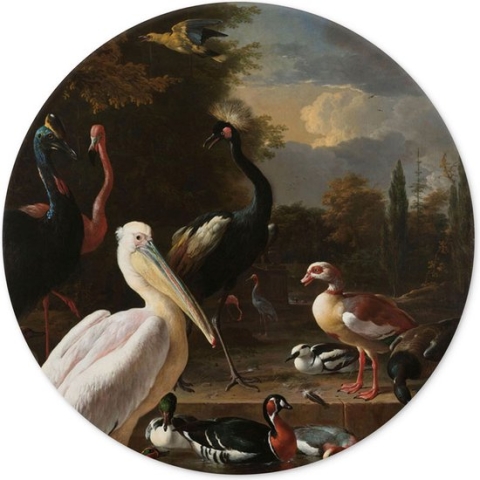 Muurcirkel Het drijvend veertje Melchior de Hondecoeter 30cm - rond schilderij - wandcirkel