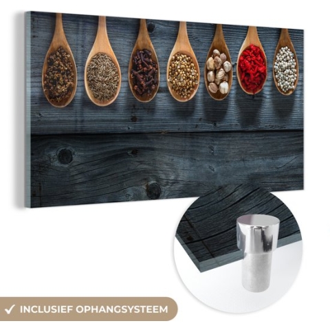 MuchoWow® Glasschilderij - Kruiden - Lepels - Hout - Keuken - Specerijen - Industrieel - 80x40 cm - Acrylglas Schilderijen - Foto op Glas