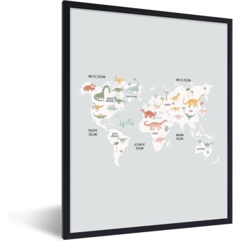 Fotolijst incl. Poster - Kinderkamer - Wereldkaart - Dinosaurus - 60x80 cm - Posterlijst