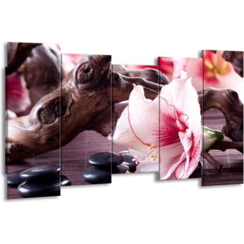 GroepArt - Canvas Schilderij - Bloem - Wit, Roze, Zwart - 150x80cm 5Luik- Groot Collectie Schilderijen Op Canvas En Wanddecoraties