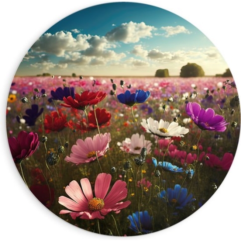 PVC Schuimplaat Muurcirkel - Schapenwolken boven Veld Vol met Bloemen in Verschillende Kleuren - 90x90 cm Foto op Muurcirkel (met ophangsysteem)
