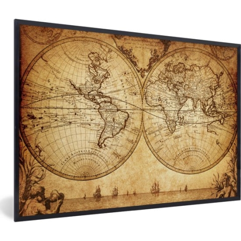 Fotolijst incl. Poster - Wereldkaart - Antiek - Vintage - Kindje - Jongetje - Meisje - 90x60 cm - Posterlijst