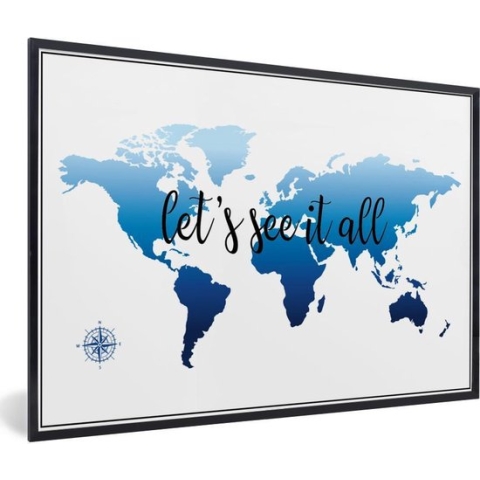 Fotolijst incl. Poster - Wereldkaart - Blauw - Kompas - 120x80 cm - Posterlijst