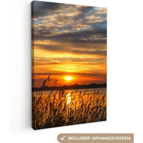 Canvas schilderij - Landschap - Zee - Zonsondergang - Planten - Foto op canvas - Canvas doek - Slaapkamer decoratie - 80x120 cm - Wanddecoratie - Kamer decoratie - Woonkamer