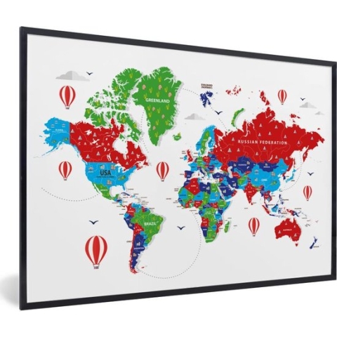 Fotolijst incl. Poster - Wereldkaart - Kleuren - Luchtballon - 120x80 cm - Posterlijst