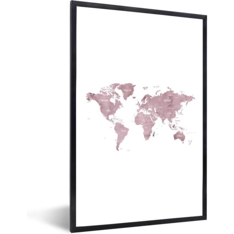 Fotolijst incl. Poster - Wereldkaart - Roze - Marmer - 80x120 cm - Posterlijst