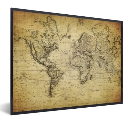 Fotolijst incl. Poster - Wereldkaart - Vintage - Antiek - Bruin - Papier - 80x60 cm - Posterlijst