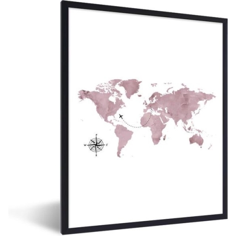 Fotolijst incl. Poster - Wereldkaart - Roze - Reizen - 60x80 cm - Posterlijst