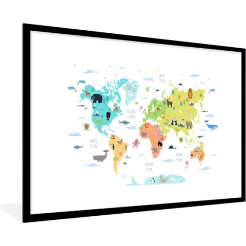 Fotolijst incl. Poster - Wereldkaart - Dieren - Kinderen - 120x80 cm - Posterlijst