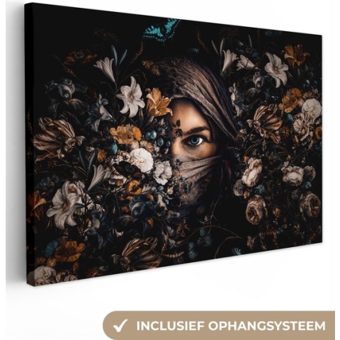 Canvas - Canvas doek - Vrouwen - Bloemen - Hoofddoek - Vlinder - Schilderijen op canvas - 150x100 cm - Wanddecoratie - Schilderij vrouw