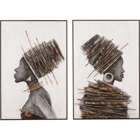 Safaary - J-Line Schilderij Afrikaanse Vrouw Hout Canvas Bruin Grijs (2-delig)