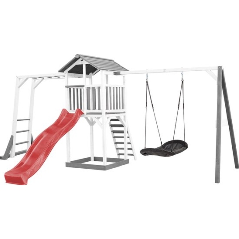 AXI Beach Tower Speeltoestel in Grijs/Wit - Speeltoren met Klimrek, Enkele Schommel, Rode Glijbaan en Zandbak - FSC hout - Speelhuis op palen voor de tuin