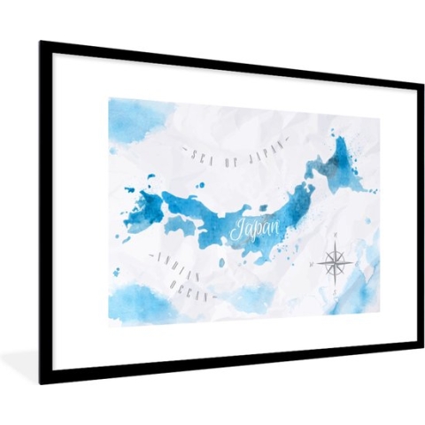 Fotolijst incl. Poster - Wereldkaarten - Japan - Waterverf - 120x80 cm - Posterlijst