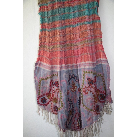 1001musthaves.com Crushed wollen dames sjaal in terra oranje turkoois en roze rood 70 x 180 cm